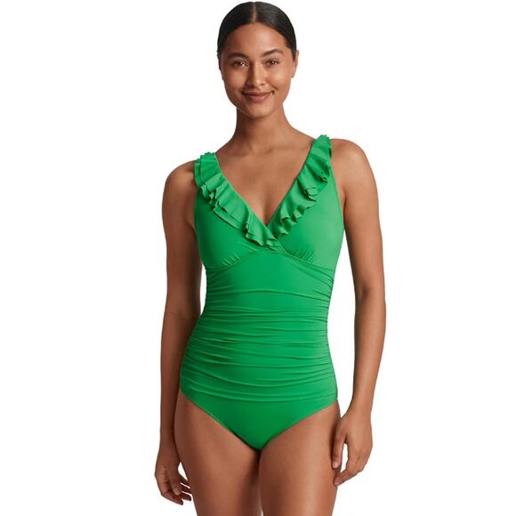 LAUREN RALPH LAUREN Ruffle One Piece Swimsuit Size 8 Palm Green Beach Club NWT - Picture 1 of 12